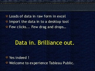 Loads of data in raw form in excel
Import the data in to a desktop tool
Few clicks... Few drag and drops…
Data in. Brillia...
