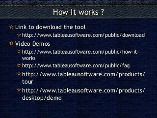 How It works ?How It works ?
Link to download the tool
http://www.tableausoftware.com/public/download
Video Demos
http://www.tableausoftware.com/public/how-it-
works
http://www.tableausoftware.com/public/faq
http://www.tableausoftware.com/products/
tour
http://www.tableausoftware.com/products/
desktop/demo
 