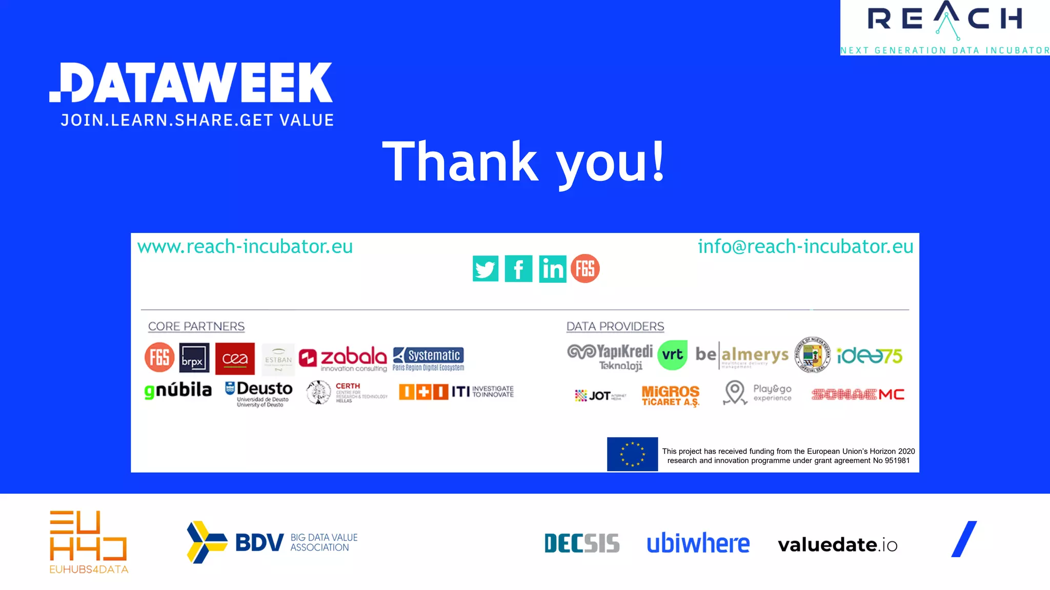 Thank you!
This project has received funding from the European Union’s Horizon 2020
research and innovation programme under grant agreement No 951981
Follow us
www.reach-incubator.eu info@reach-incubator.eu
 