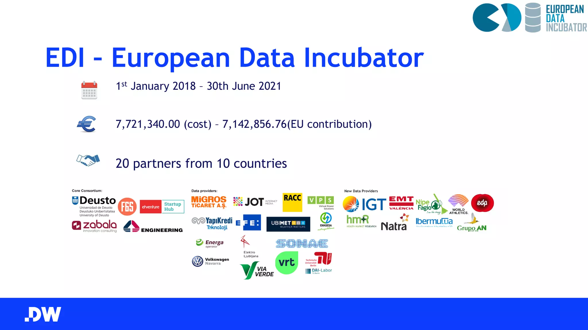 EDI – European Data Incubator
1st January 2018 – 30th June 2021
7,721,340.00 (cost) – 7,142,856.76(EU contribution)
20 partners from 10 countries
New Data Providers
 