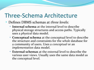Three-Schema Architecture
• Defines DBMS schemas at three levels:
• Internal schema at the internal level to describe
physical storage structures and access paths. Typically
uses a physical data model.
• Conceptual schema at the conceptual level to describe
the structure and constraints for the whole database for
a community of users. Uses a conceptual or an
implementation data model.
• External schemas at the external level to describe the
various user views. Usually uses the same data model as
the conceptual level.
 