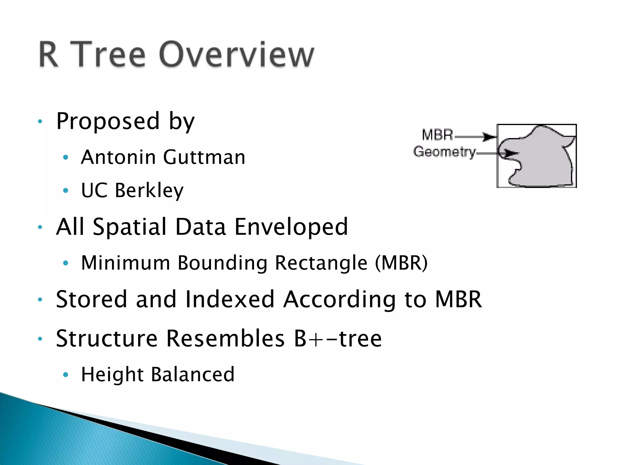 Proposed by  Antonin Guttman UC Berkley All Spatial Data Enveloped Minimum Bounding Rectangle (MBR) Stored and Indexed According to MBR Structure Resembles B+-tree Height Balanced 