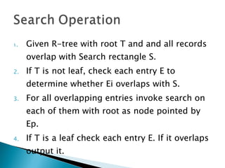 Given R-tree with root T and and all records overlap with Search rectangle S. If T is not leaf, check each entry E to determine whether Ei overlaps with S. For all overlapping entries invoke search on each of them with root as node pointed by Ep. If T is a leaf check each entry E. If it overlaps output it.  