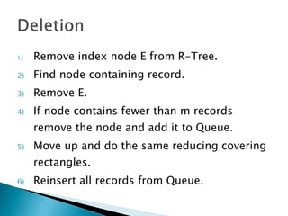 Remove index node E from R-Tree. Find node containing record. Remove E. If node contains fewer than m records remove the node and add it to Queue. Move up and do the same reducing covering rectangles. Reinsert all records from Queue. 