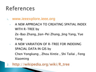 www.ieeexplore.ieee.org A NEW APPROACH TO CREATING SPATIAL INDEX WITH R-TREE by Ze-Bao Zhang, Jian-Pei Zhang, Jing Yang, Yue Yang A NEW VARIATION OF R-TREE FOR INDEXING SPACIAL DATA IN GIS by Chen Yongkang , Zhou Xintie , Shi Tailai , Feng Xiaoming http://wikipedia.org/wiki/R_tree 