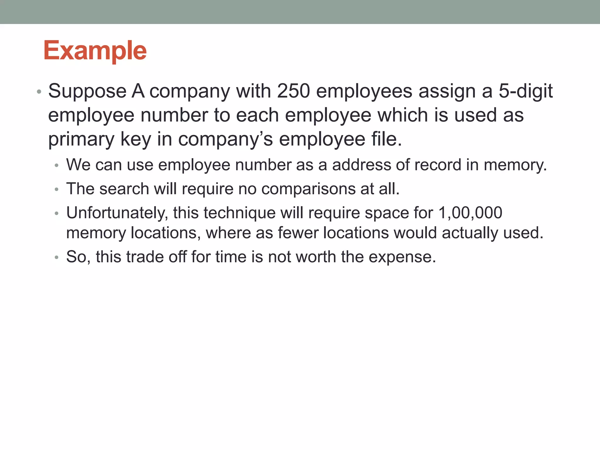 Example
• Suppose A company with 250 employees assign a 5-digit
employee number to each employee which is used as
primary key in company’s employee file.
• We can use employee number as a address of record in memory.
• The search will require no comparisons at all.
• Unfortunately, this technique will require space for 1,00,000
memory locations, where as fewer locations would actually used.
• So, this trade off for time is not worth the expense.
 
