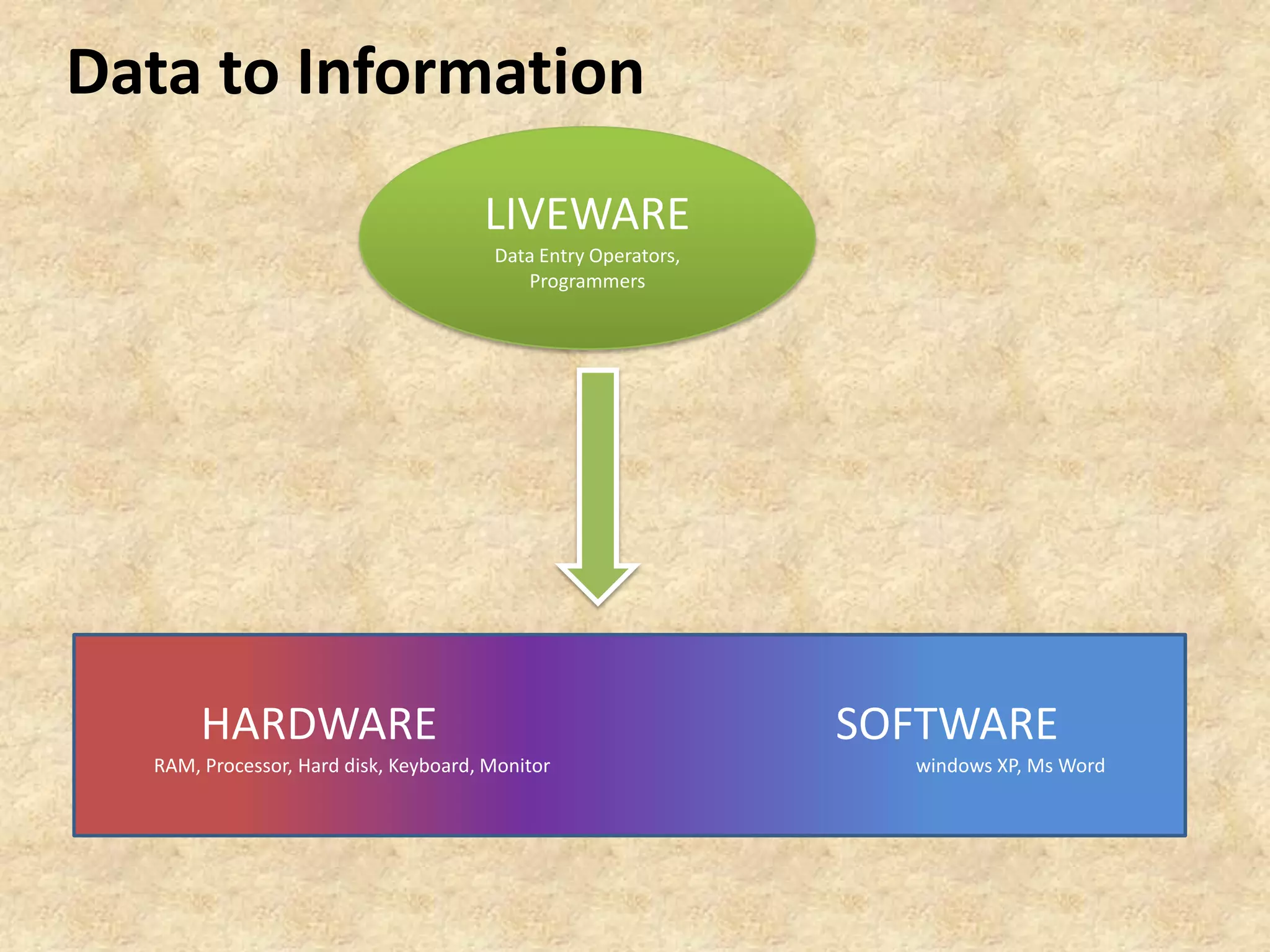 HARDWARE SOFTWARE
RAM, Processor, Hard disk, Keyboard, Monitor windows XP, Ms Word
LIVEWARE
Data Entry Operators,
Programmers
Data to Information
 