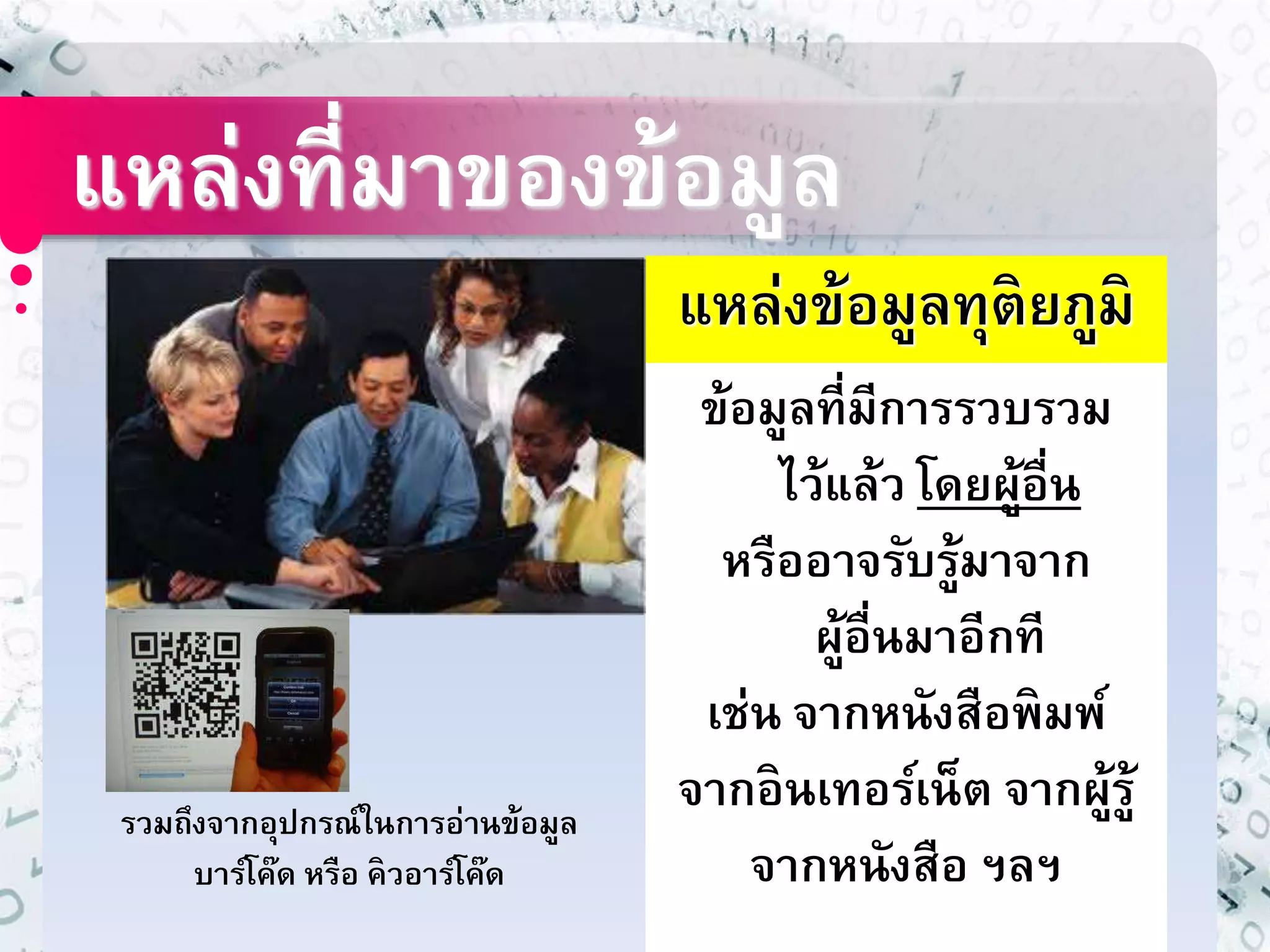 แหล่งที่มาของข้อมูล 
แหล่งข้อมูลทุติยภูมิ 
ข้อมูลที่มีการรวบรวม 
ไว้แล้ว โดยผู้อื่น 
หรืออาจรับรู้มาจาก 
ผู้อื่นมาอีกที 
เช่น จากหนังสือพิมพ์ 
จากอินเทอร์เน็ต จากผู้รู้ 
จากหนังสือ ฯลฯ 
รวมถึงจากอุปกรณ์ในการอ่านข้อมูล 
บาร์โค๊ด หรือ คิวอาร์โค๊ด 
 