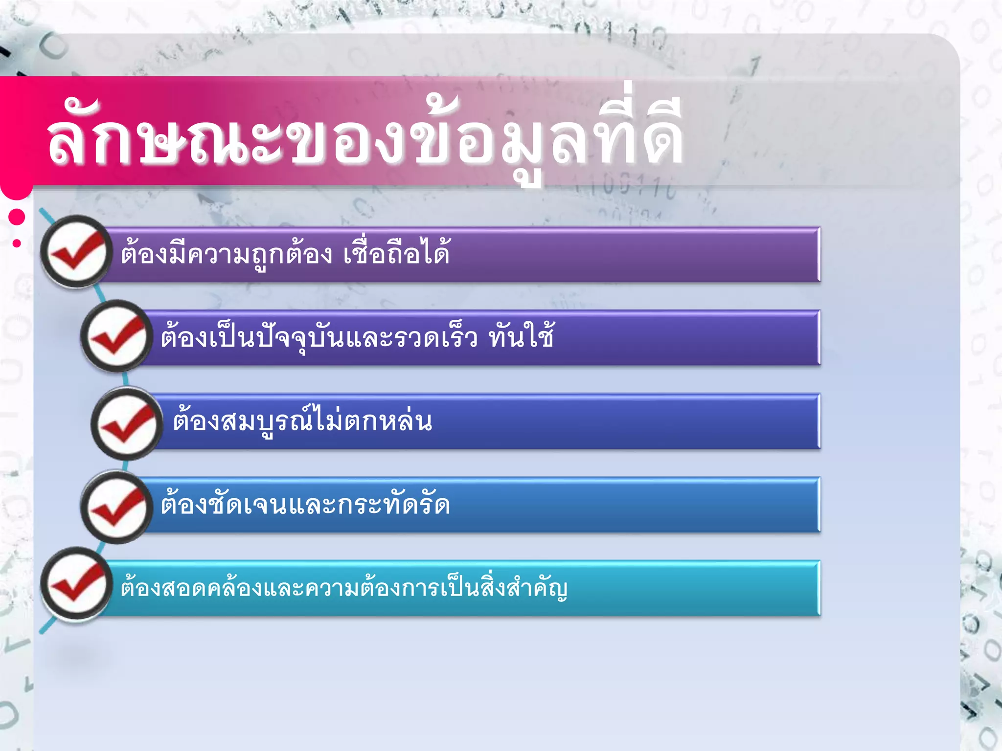 ลักษณะของข้อมูลที่ดี 
ต้องมีควำมถูกต้อง เชื่อถือได้ 
ต้องเป็นปัจจุบันและรวดเร็ว ทันใช้ 
ต้องสมบูรณ์ไม่ตกหล่น 
ต้องชัดเจนและกระทัดรัด 
ต้องสอดคล้องและควำมต้องกำรเป็นสิ่งสำ คัญ 
 