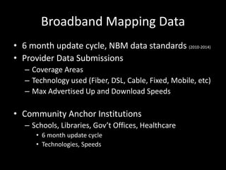 Broadband Mapping Data
• 6 month update cycle, NBM data standards (2010-2014)
• Provider Data Submissions
– Coverage Areas
– Technology used (Fiber, DSL, Cable, Fixed, Mobile, etc)
– Max Advertised Up and Download Speeds
• Community Anchor Institutions
– Schools, Libraries, Gov’t Offices, Healthcare
• 6 month update cycle
• Technologies, Speeds
 