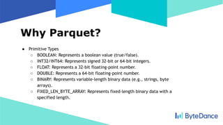 Why Parquet?
● Primitive Types
○ BOOLEAN: Represents a boolean value (true/false).
○ INT32/INT64: Represents signed 32-bit or 64-bit integers.
○ FLOAT: Represents a 32-bit floating-point number.
○ DOUBLE: Represents a 64-bit floating-point number.
○ BINARY: Represents variable-length binary data (e.g., strings, byte
arrays).
○ FIXED_LEN_BYTE_ARRAY: Represents fixed-length binary data with a
specified length.
 