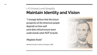 (-C) Protect and Simplify
Maintain Identity and Vision
“I strongly believe that the future
prosperity of the American people
depends on how well
each data infrastructure team
understands what NOT to build.
#bigdata #yolo”
Abraham Lincoln in a letter to Congress, 1845
 