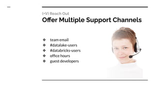 (+V) Reach Out
Oﬀer Multiple Support Channels
❖ team email
❖ #datalake-users
❖ #databricks-users
❖ ofﬁce hours
❖ guest developers
 