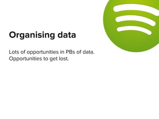 Lots of opportunities in PBs of data.
Opportunities to get lost.
Organising data
 