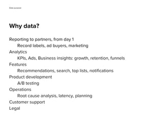 Why data?
Reporting to partners, from day 1
Record labels, ad buyers, marketing
Analytics
KPIs, Ads, Business insights: gr...