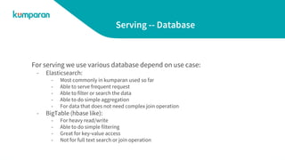 Serving -- Database
For serving we use various database depend on use case:
- Elasticsearch:
- Most commonly in kumparan used so far
- Able to serve frequent request
- Able to filter or search the data
- Able to do simple aggregation
- For data that does not need complex join operation
- BigTable (hbase like):
- For heavy read/write
- Able to do simple filtering
- Great for key-value access
- Not for full text search or join operation
 