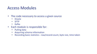 Access Modules
• The code necessary to access a given source
• Oracle
• SFTP
• Kafka
• Each module is responsible for:
• Pulling data
• Acquiring schema information
• Recording basic statistics - row/record count, byte size, time taken
 