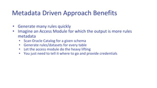 Metadata Driven Approach Benefits
• Generate many rules quickly
• Imagine an Access Module for which the output is more rules
metadata
• Scan Oracle Catalog for a given schema
• Generate rules/datasets for every table
• Let the access module do the heavy lifting
• You just need to tell it where to go and provide credentials
 