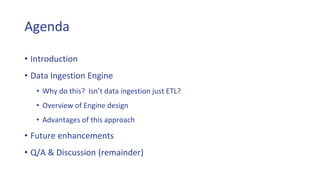 Agenda
• Introduction
• Data Ingestion Engine
• Why do this? Isn’t data ingestion just ETL?
• Overview of Engine design
• Advantages of this approach
• Future enhancements
• Q/A & Discussion (remainder)
 