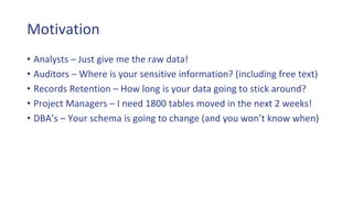 Motivation
• Analysts – Just give me the raw data!
• Auditors – Where is your sensitive information? (including free text)
• Records Retention – How long is your data going to stick around?
• Project Managers – I need 1800 tables moved in the next 2 weeks!
• DBA’s – Your schema is going to change (and you won’t know when)
 