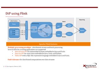 Data	Ingestion	Platform	 (DiP)22
DiP	using	Flink
Multiple	processing	paradigm	- distributed,	stream	and	batch	processing.
Several	APIsfor	creating	applications	are	supported
• Data	Stream	API for	unbounded	streams	embedded	in	Java	and	Scala
• Data	Set	API for	static	data	embedded	in	Java,	Scala,	and	Python,
• Table	API with	a	SQL-like	expression	language	embedded	in	Java	and	Scala.
Fault	tolerance	for	distributed	computations	over	data	streams	
Apache	Flink features
 