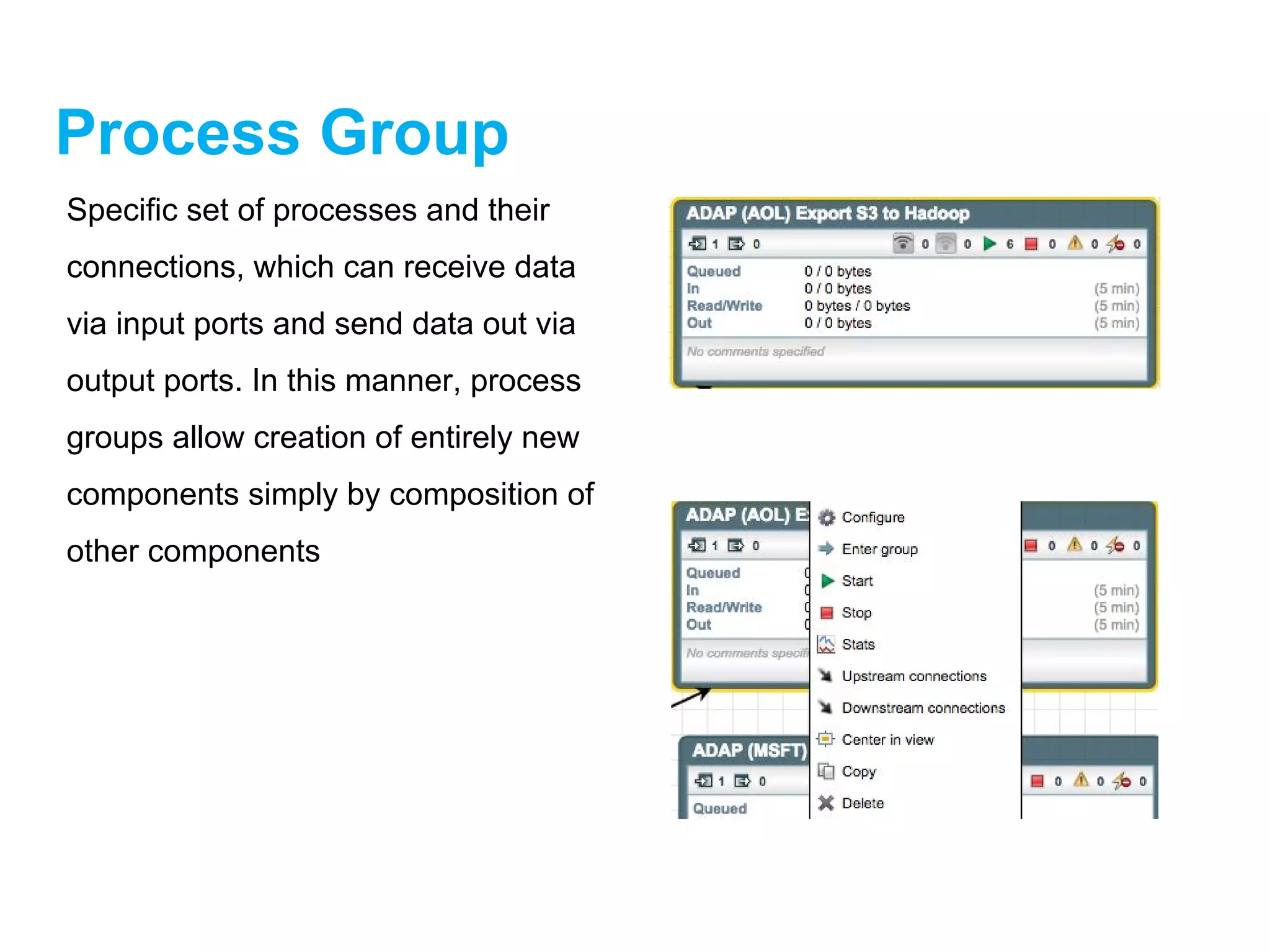 Process Group
Specific set of processes and their
connections, which can receive data
via input ports and send data out via
output ports. In this manner, process
groups allow creation of entirely new
components simply by composition of
other components
 
