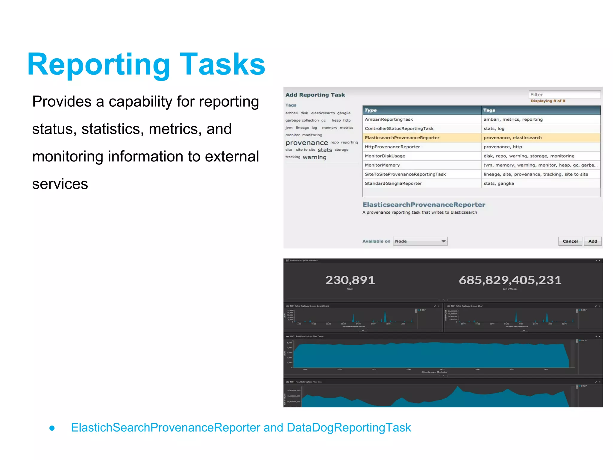 Reporting Tasks
Provides a capability for reporting
status, statistics, metrics, and
monitoring information to external
services
● ElastichSearchProvenanceReporter and DataDogReportingTask
 