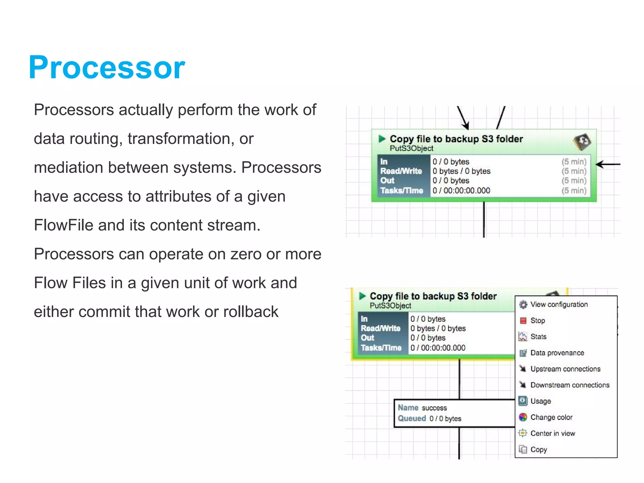 Processor
Processors actually perform the work of
data routing, transformation, or
mediation between systems. Processors
have access to attributes of a given
FlowFile and its content stream.
Processors can operate on zero or more
Flow Files in a given unit of work and
either commit that work or rollback
 