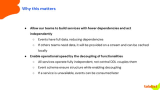 Why this matters
● Allow our teams to build services with fewer dependencies and act
independently
○ Events have full data...