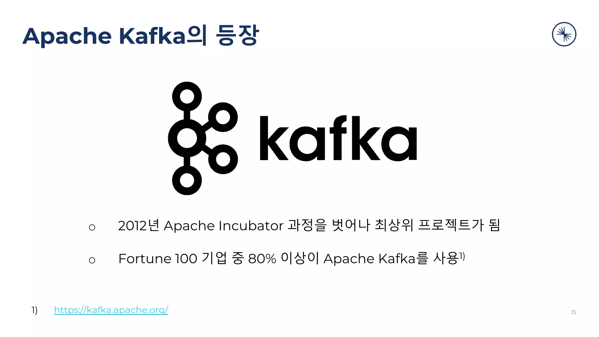 Apache Kafka의 등장
15
1) https://kafka.apache.org/
o 2012년 Apache Incubator 과정을 벗어나 최상위 프로젝트가 됨
o Fortune 100 기업 중 80% 이상이 Apache Kafka를 사용1)
 