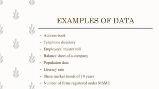 EXAMPLES OF DATA
– Address book
– Telephone directory
– Employees’ muster roll
– Balance sheet of a company
– Population data
– Literacy rate
– Share market trends of 10 years
– Number of firms registered under MSME
 