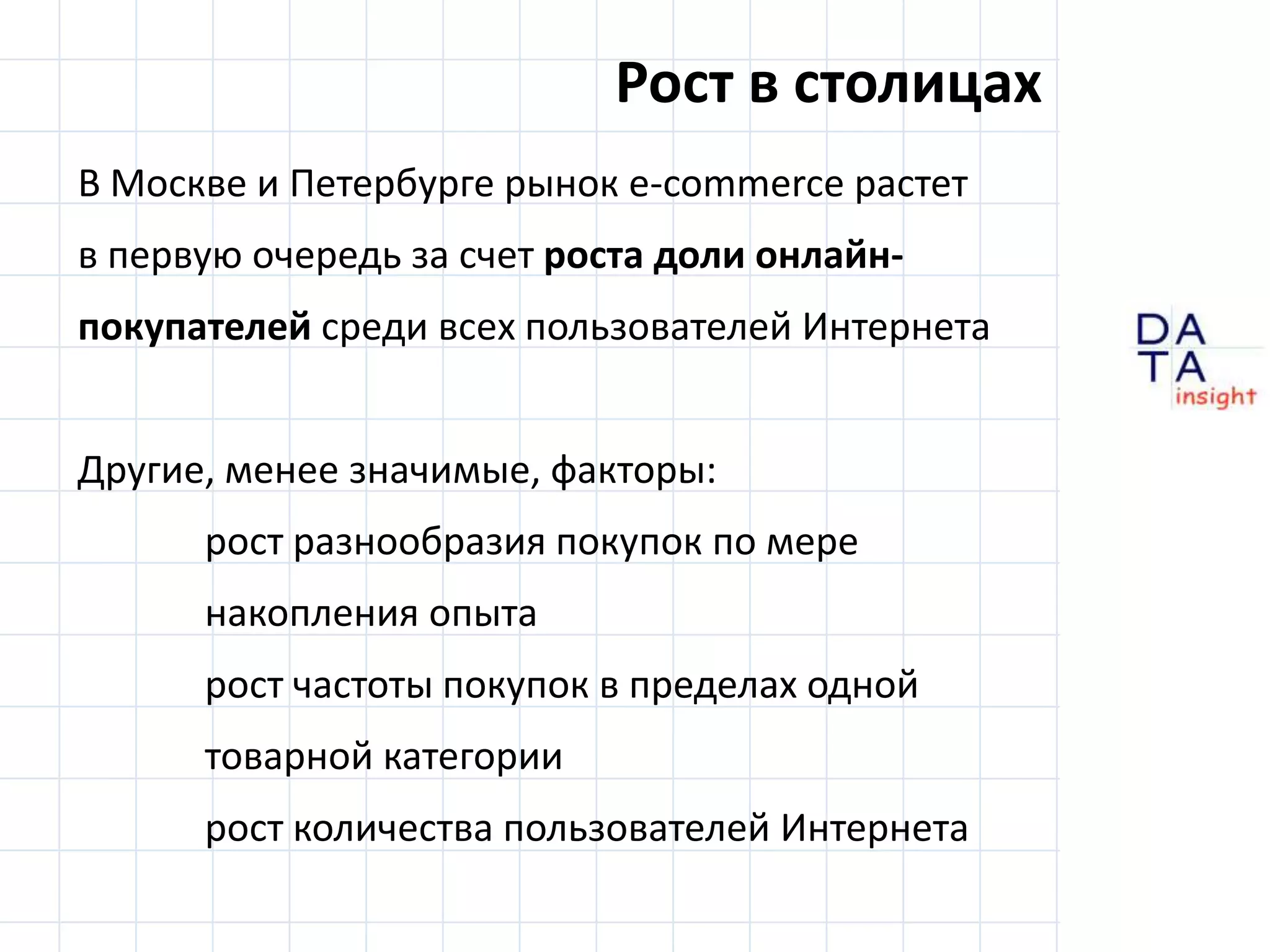 Рост в столицахВ Москве и Петербурге рынок e-commerce растетв первую очередь за счет роста доли онлайн-покупателейсреди всех пользователей ИнтернетаДругие, менее значимые, факторы:	рост разнообразия покупок по мере 	накопления опыта	рост частоты покупок в пределах одной 	товарной категории	рост количества пользователей Интернета