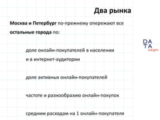 Два рынкаМосква и Петербург по-прежнему опережают все остальные города по:	доле онлайн-покупателей в населении	и в интернет-аудитории	доле активных онлайн-покупателейчастоте и разнообразию онлайн-покупок	средним расходам на 1 онлайн-покупателя