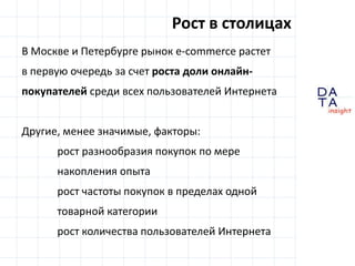 Рост в столицахВ Москве и Петербурге рынок e-commerce растетв первую очередь за счет роста доли онлайн-покупателейсреди всех пользователей ИнтернетаДругие, менее значимые, факторы:	рост разнообразия покупок по мере 	накопления опыта	рост частоты покупок в пределах одной 	товарной категории	рост количества пользователей Интернета