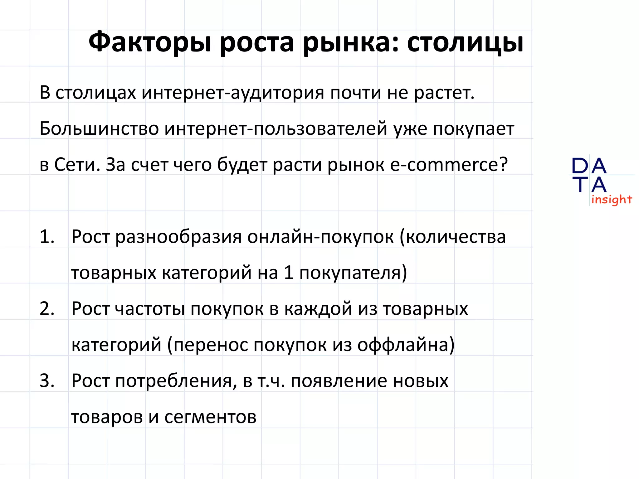 Факторы роста рынка: столицы
В столицах интернет-аудитория почти не растет.
Большинство интернет-пользователей уже покупает
в Сети. За счет чего будет расти рынок e-commerce?


1. Рост разнообразия онлайн-покупок (количества
   товарных категорий на 1 покупателя)
2. Рост частоты покупок в каждой из товарных
   категорий (перенос покупок из оффлайна)
3. Рост потребления, в т.ч. появление новых
   товаров и сегментов                               DA
                                                     TA
                                                     in sight
 