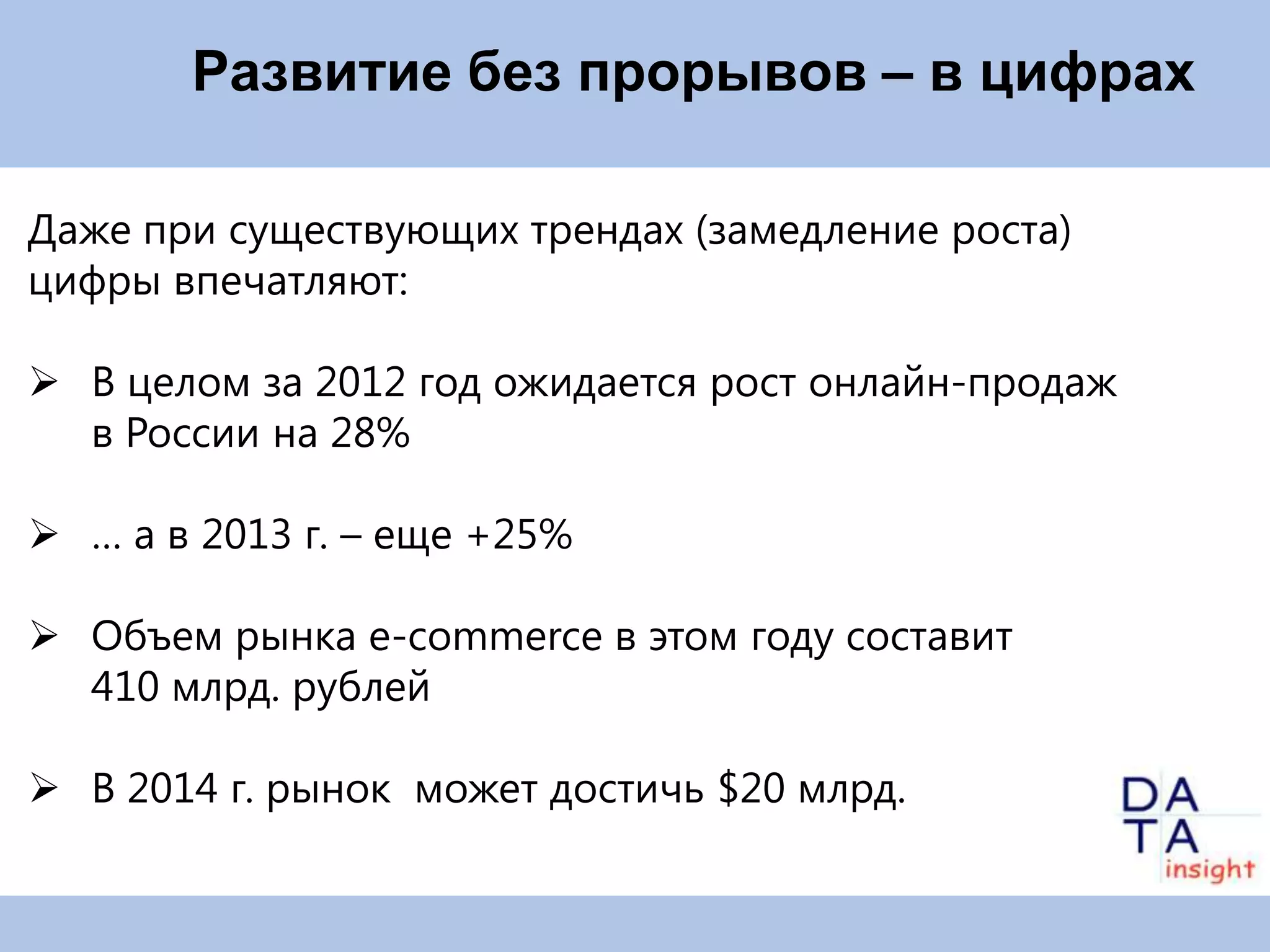 Развитие без прорывов – в цифрах

Даже при существующих трендах (замедление роста)
цифры впечатляют:

 В целом за 2012 год ожидается рост онлайн-продаж
  в России на 28%

 … а в 2013 г. – еще +25%

 Объем рынка e-commerce в этом году составит
  410 млрд. рублей

 В 2014 г. рынок может достичь $20 млрд.
 