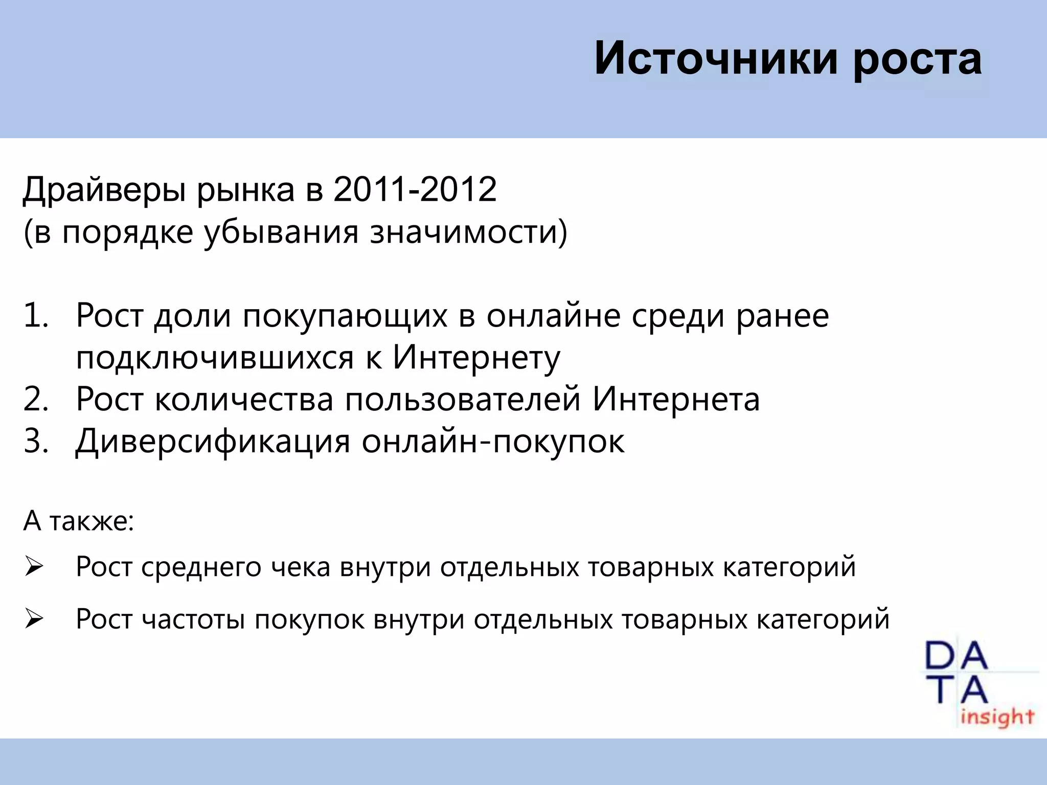 Источники роста

Драйверы рынка в 2011-2012
(в порядке убывания значимости)

1. Рост доли покупающих в онлайне среди ранее
   подключившихся к Интернету
2. Рост количества пользователей Интернета
3. Диверсификация онлайн-покупок

А также:
   Рост среднего чека внутри отдельных товарных категорий
   Рост частоты покупок внутри отдельных товарных категорий
 