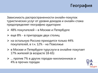 География

Зависимость распространенности онлайн-покупок
туристических услуг от уровня доходов и онлайн-стажа
предопределяет географию аудитории:
 48% покупателей – в Москве и Петербурге
 еще 8% - в пригородах двух столиц
 на остальную Россию приходится только 44%
  покупателей, в т.ч. 12% - на Поволжье
 в Москве и Петербурге туруслуги в онлайне покупает
  17% жителей (в возрасте 18-65)
 ... против 7% в других городах-миллионниках и
  4% в прочих городах
 