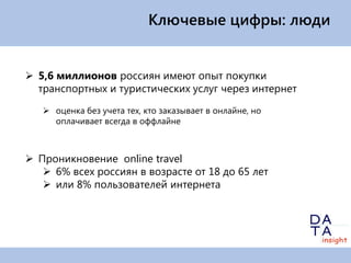 Ключевые цифры: люди


 5,6 миллионов россиян имеют опыт покупки
  транспортных и туристических услуг через интернет

    оценка без учета тех, кто заказывает в онлайне, но
     оплачивает всегда в оффлайне



 Проникновение online travel
    6% всех россиян в возрасте от 18 до 65 лет
    или 8% пользователей интернета
 