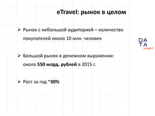 D
insight
AT
A
Отели и туры
2014 год: обвал онлайн-спроса на туры и
переориентация поискового спроса на отели
конец 2015 – начало 2016 г.:
противоположная ситуация
поисковый спрос на отели снижается (отели
стали больше искать не через поиск, а напрямую через
booking.com и аналоги?)
поисковый спрос на туры обратно вырос, а
потом стабилизировался
 
