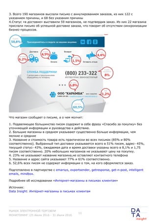 3. Всего 190 магазинов выслали письмо с аннулированием заказов, из них 122 с
указанием причины, и 68 без указания причины
4.Статус «в доставке» выставили 59 магазинов, не подтвердив заказ. Из них 22 магазина
прислали письмо об успешной доставке заказа, что говорит об отсутствии синхронизации
бизнес-процессов.
Что магазин cообщает о письме, а о чем молчит:
1. Подавляющее большинство писем содержит в себе фразу «Спасибо за покупку» без
уточняющей информации и руководства к действию.
2. Большие магазины в среднем указывают существенно больше информации, чем
мелкие и средние
3. Название и стоимость товара есть практически во всех письмах (85% и 80%
соответственно). Выбранный тип доставки указывается всего в 51% писем, адрес- 45%,
текущий статус- 43%, ожидаемая дата и время доставки указаны всего в 8,1% и 1,75
писем соответственно. 20% небольших магазинов не указывают цену на покупку.
4. 23% не указывают название магазина,не оставляют контактного телефона
5. Название и адрес сайта указывают 77% и 61% соответственно.
6. 52,6% всех писем не содержат информации о том, на кого оформляется заказ.
Подготовлено в партнерстве с emarsys, expertsender, getresponse, get-n-post, intelligent
emails, mindbox.
Подробнее об исследовании «Интернет-магазины в письмах клиентам»
Источник:
Data Insight: Интернет-магазины в письмах клиентам
РЫНОК ЭЛЕКТРОННОЙ ТОРГОВЛИ
МОНИТОРИНГ /25 Июля 2016 - 31 Июля 2016
11
 