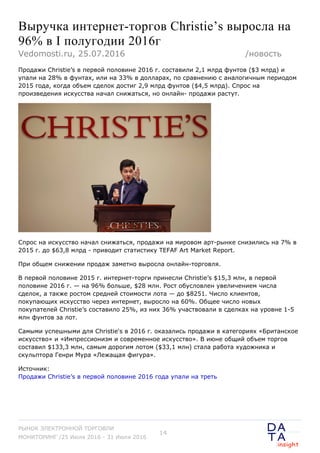 Выручка интернет-торгов Christie’s выросла на
96% в I полугодии 2016г
Продажи Christie’s в первой половине 2016 г. составили 2,1 млрд фунтов ($3 млрд) и
упали на 28% в фунтах, или на 33% в долларах, по сравнению с аналогичным периодом
2015 года, когда объем сделок достиг 2,9 млрд фунтов ($4,5 млрд). Спрос на
произведения искусства начал снижаться, но онлайн- продажи растут.
Спрос на искусство начал снижаться, продажи на мировом арт-рынке снизились на 7% в
2015 г. до $63,8 млрд - приводит статистику TEFAF Art Market Report.
При общем снижении продаж заметно выросла онлайн-торговля.
В первой половине 2015 г. интернет-торги принесли Christie’s $15,3 млн, в первой
половине 2016 г. — на 96% больше, $28 млн. Рост обусловлен увеличением числа
сделок, а также ростом средней стоимости лота — до $8251. Число клиентов,
покупающих искусство через интернет, выросло на 60%. Общее число новых
покупателей Christie’s составило 25%, из них 36% участвовали в сделках на уровне 1-5
млн фунтов за лот.
Самыми успешными для Christie's в 2016 г. оказались продажи в категориях «Британское
искусство» и «Импрессионизм и современное искусство». В июне общий объем торгов
составил $133,3 млн, самым дорогим лотом ($33,1 млн) стала работа художника и
скульптора Генри Мура «Лежащая фигура».
Источник:
Продажи Christie’s в первой половине 2016 года упали на треть
Vedomosti.ru, 25.07.2016 /новость
РЫНОК ЭЛЕКТРОННОЙ ТОРГОВЛИ
МОНИТОРИНГ /25 Июля 2016 - 31 Июля 2016
14
 