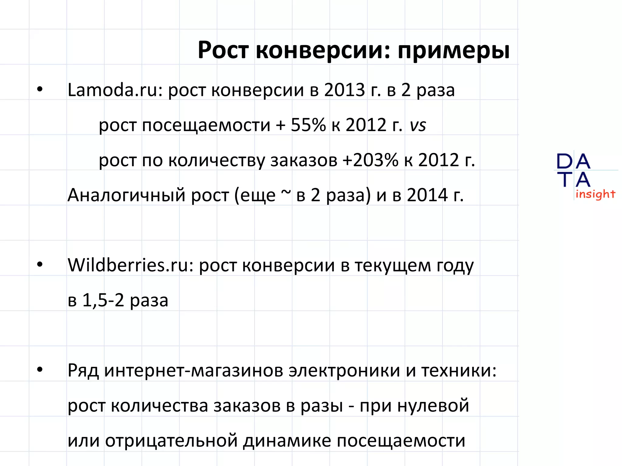 D 
insight 
T A 
A 
Рост конверсии: примеры 
• Lamoda.ru: рост конверсии в 2013 г. в 2 раза 
рост посещаемости + 55% к 2012 г. vs 
рост по количеству заказов +203% к 2012 г. 
Аналогичный рост (еще ~ в 2 раза) и в 2014 г. 
• Wildberries.ru: рост конверсии в текущем году 
в 1,5-2 раза 
• Ряд интернет-магазинов электроники и техники: 
рост количества заказов в разы - при нулевой 
или отрицательной динамике посещаемости 
 
