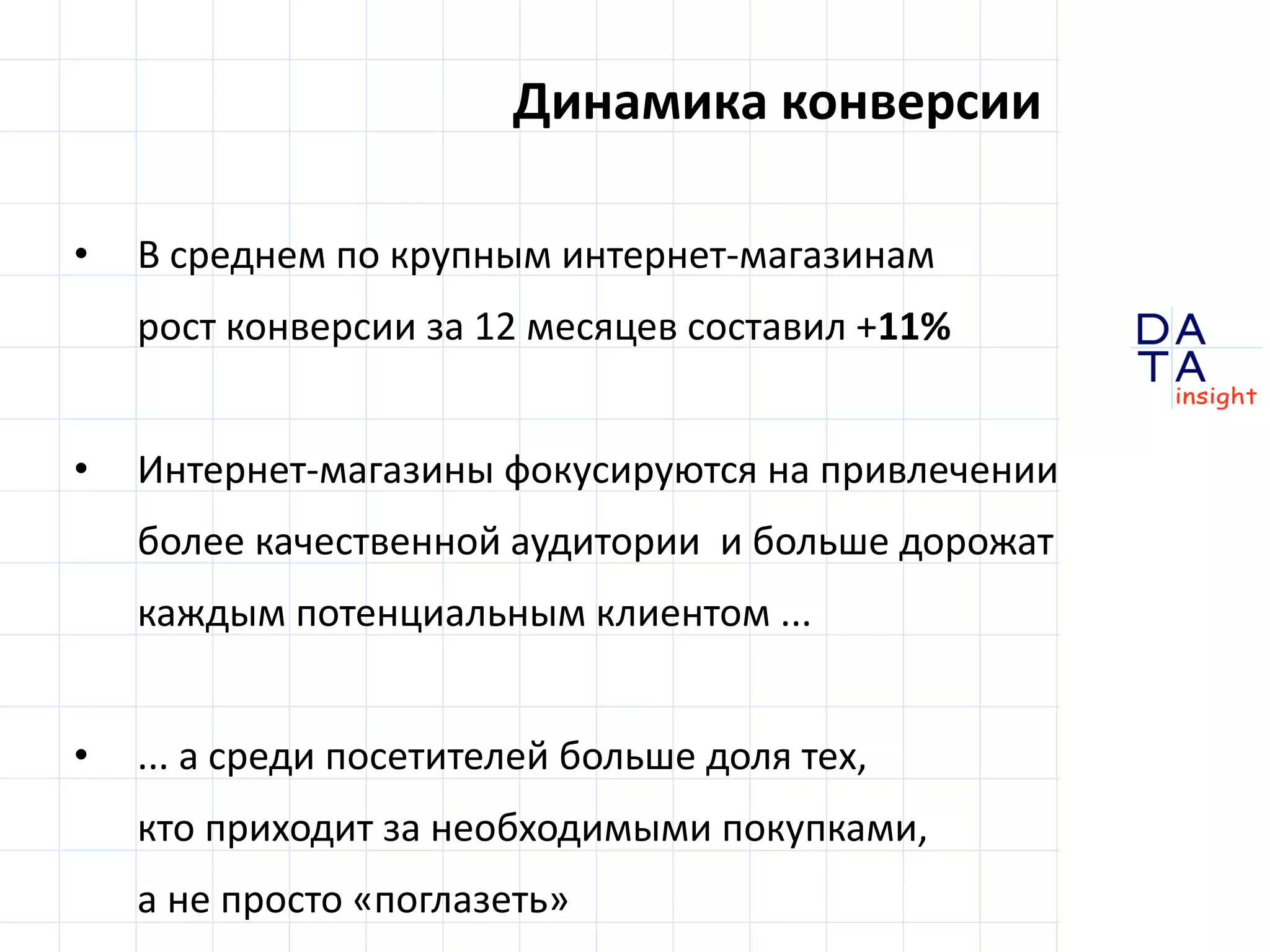 D 
insight 
T A 
A 
Динамика конверсии 
• В среднем по крупным интернет-магазинам 
рост конверсии за 12 месяцев составил +11% 
• Интернет-магазины фокусируются на привлечении 
более качественной аудитории и больше дорожат 
каждым потенциальным клиентом ... 
• ... а среди посетителей больше доля тех, 
кто приходит за необходимыми покупками, 
а не просто «поглазеть» 
 