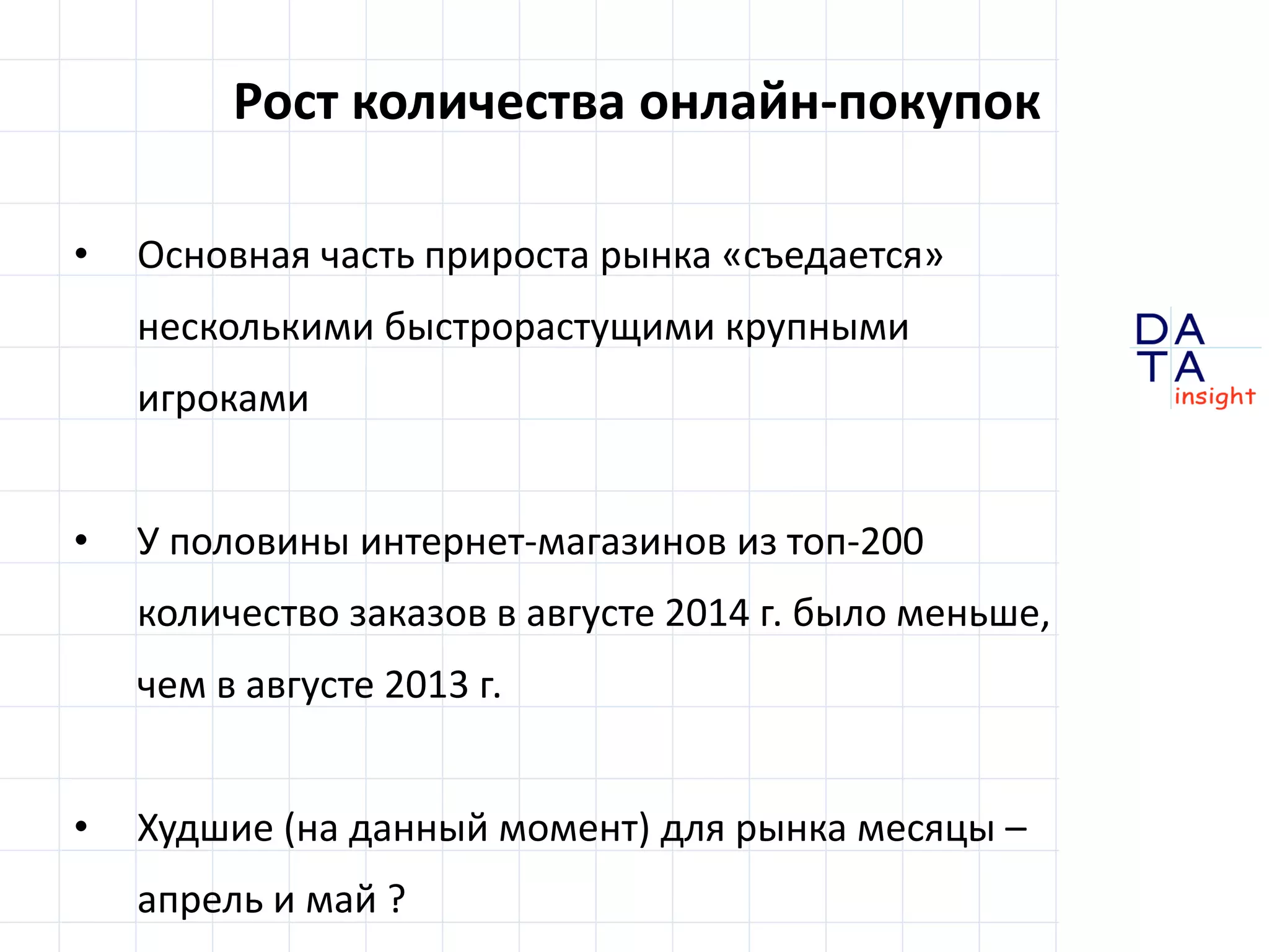 D 
insight 
T A 
A 
Рост количества онлайн-покупок 
• Основная часть прироста рынка «съедается» 
несколькими быстрорастущими крупными 
игроками 
• У половины интернет-магазинов из топ-200 
количество заказов в августе 2014 г. было меньше, 
чем в августе 2013 г. 
• Худшие (на данный момент) для рынка месяцы – 
апрель и май ? 
 