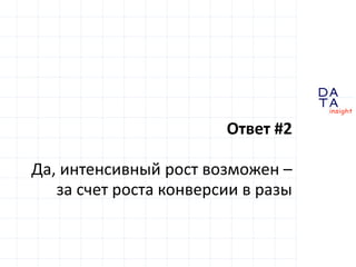 D 
insight 
T A 
A 
Ответ #2 
Да, интенсивный рост возможен – 
за счет роста конверсии в разы 
 