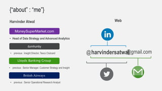 Harvinder Atwal
MoneySuperMarket.com
Web
dunnhumby
• previous : Insight Director, Tesco Clubcard
Lloyds Banking Group
• previous : Senior Manager, Customer Strategy and Insight
• Head of Data Strategy and Advanced Analytics
@harvindersatwal
British Airways
• previous : Senior Operational Research Analyst
{“about” : “me”}
@gmail.com
 