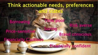 Think actionable needs, preferences
and states
Borrowing
Saving
Risk averse
Price-sensitive
Brand conscious
Financially Cautious
Financially confident
Time poor
 