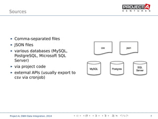 Sources
Comma-separated ﬁles
JSON ﬁles
various databases (MySQL,
PostgreSQL, Microsoft SQL
Server)
via project code
external APIs (usually export to
csv via cronjob)
,
Project-A, DWH Data Integration, 2014 7
 