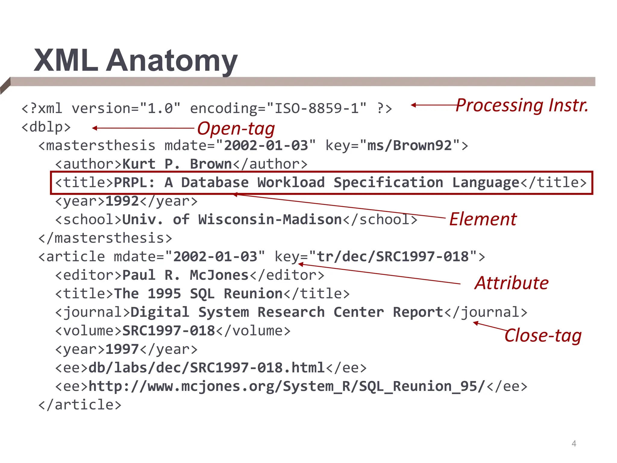 4 XML Anatomy <?xml version="1.0" encoding="ISO-8859-1" ?> <dblp> <mastersthesis mdate="2002-01-03" key="ms/Brown92"> <author>Kurt P. Brown</author> <title>PRPL: A Database Workload Specification Language</title> <year>1992</year> <school>Univ. of Wisconsin-Madison</school> </mastersthesis> <article mdate="2002-01-03" key="tr/dec/SRC1997-018"> <editor>Paul R. McJones</editor> <title>The 1995 SQL Reunion</title> <journal>Digital System Research Center Report</journal> <volume>SRC1997-018</volume> <year>1997</year> <ee>db/labs/dec/SRC1997-018.html</ee> <ee>http://www.mcjones.org/System_R/SQL_Reunion_95/</ee> </article> Processing Instr. Element Attribute Close-tag Open-tag 